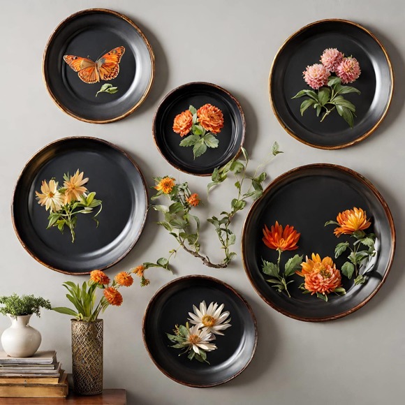 Round Black Gold Floral Hand-Painted Toleware Tray Serving Platter Wall Art - Picture 2 of 10